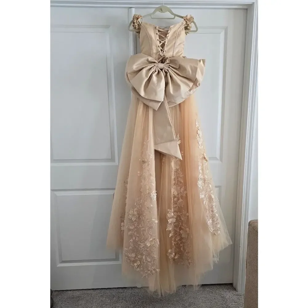Champagne 3D Floral Quinceañera Ball Gown Lace Beaded Off Shoulder Dress Size 00 - Picture 6 of 6
